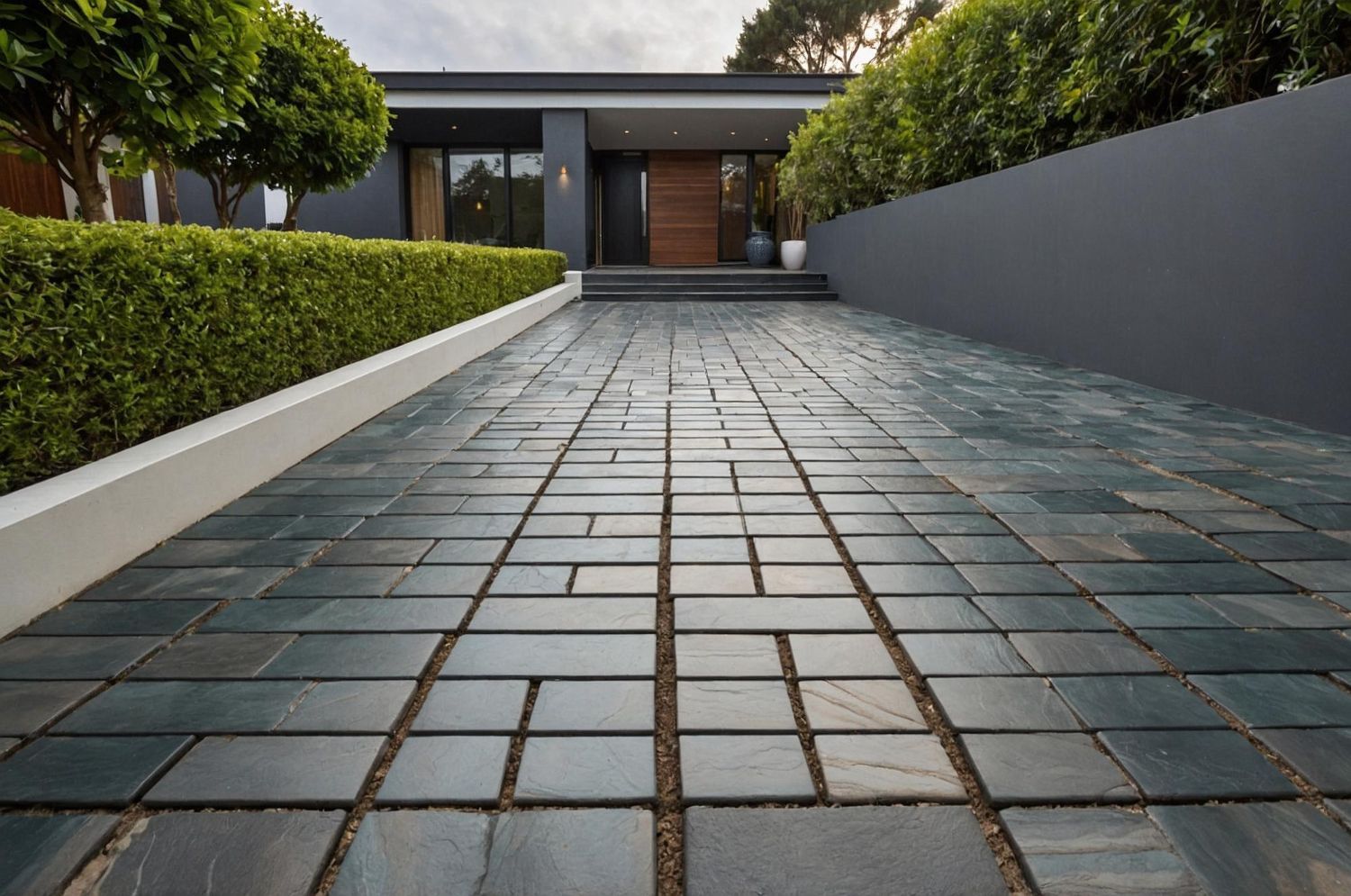 A brick driveway leading to a modern house
