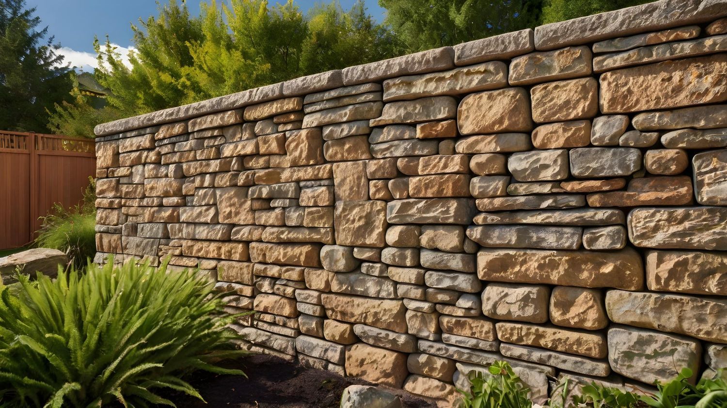 A large stone wall in a garden with a wooden fence in the background.