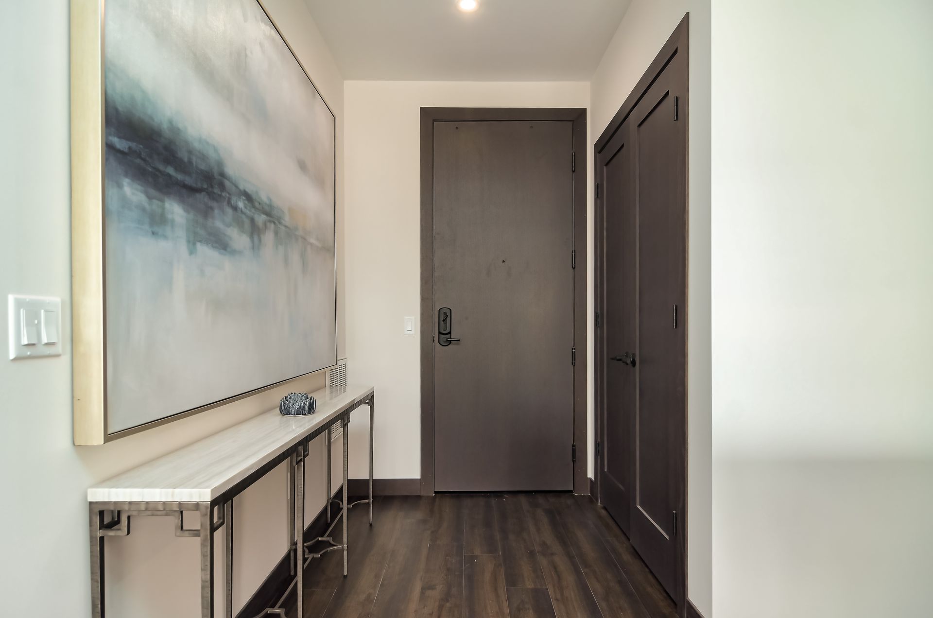 Hallway with gray door, console table, artwork, and dark wood flooring.