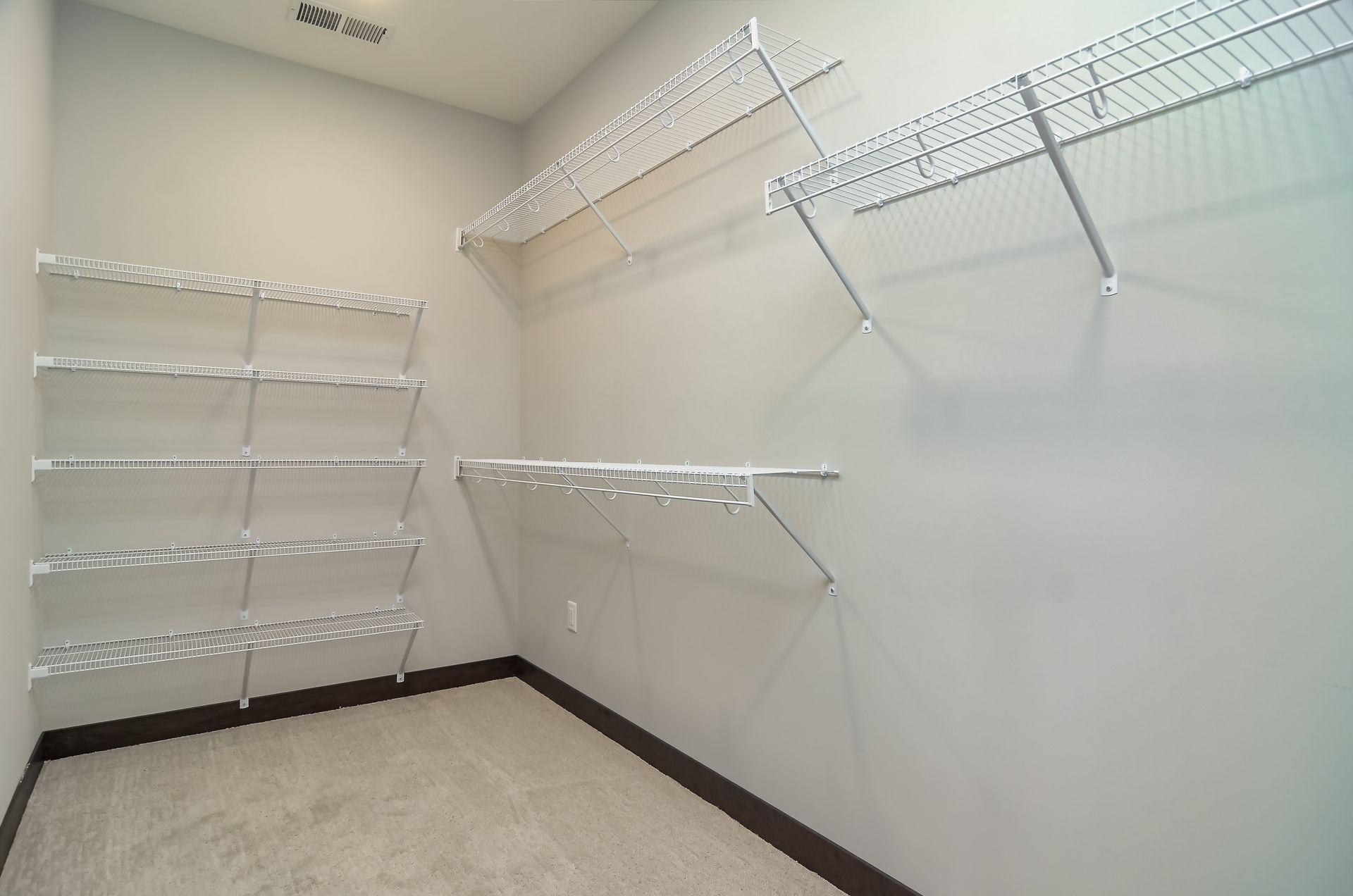 Empty walk-in closet with wire shelving on gray walls, beige carpet, and a dark brown baseboard.