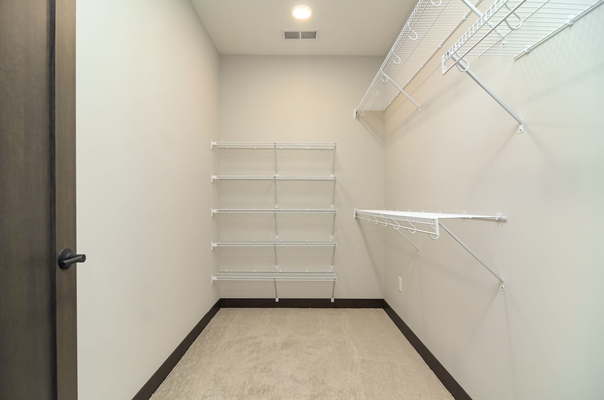 Empty walk-in closet with wire shelving on white walls. Beige carpet and dark brown door frame.