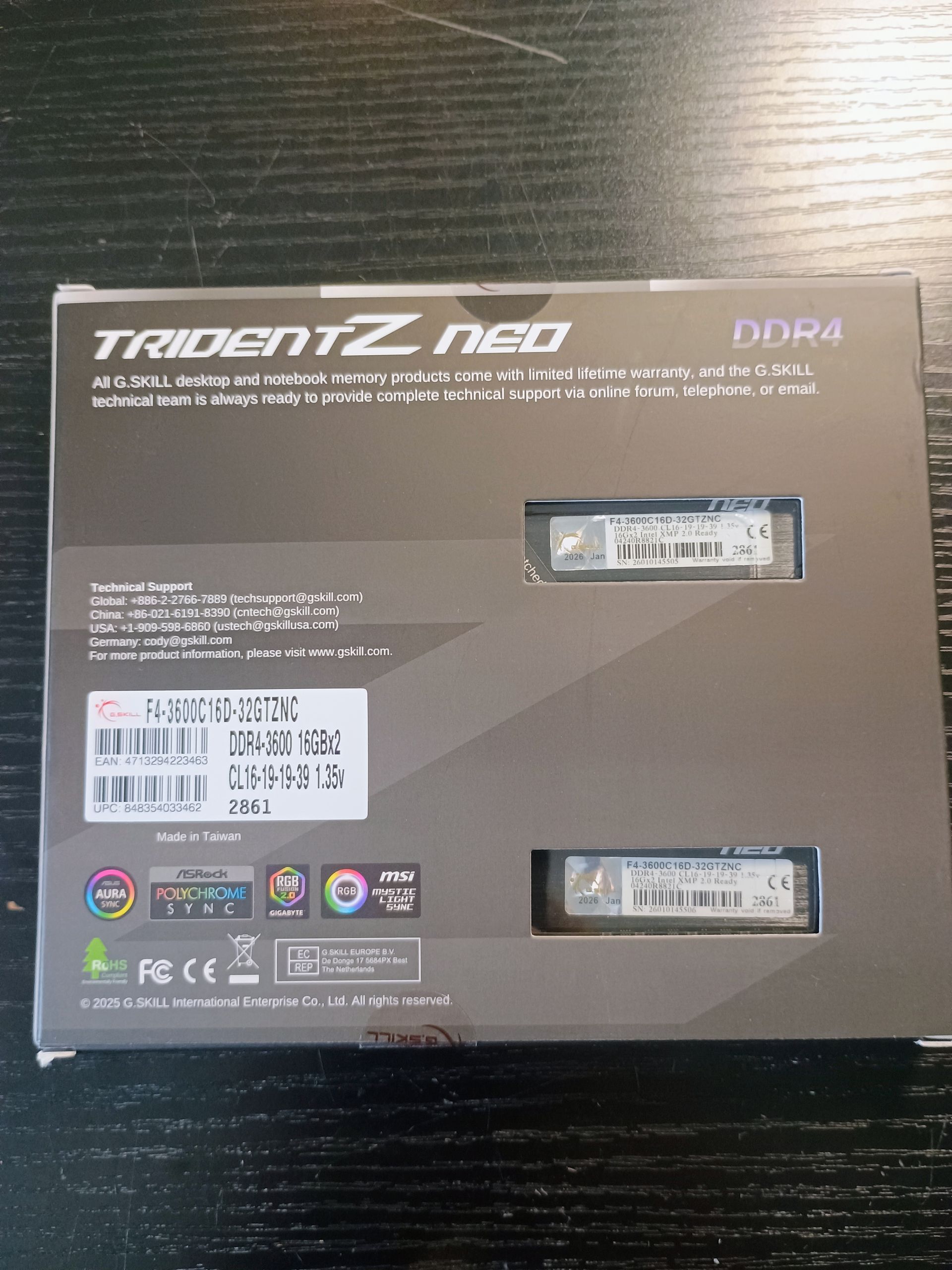 Trident Z Neo DDR4-3600 CL16-19-19-39 1.35V 32GB (2x16GB)