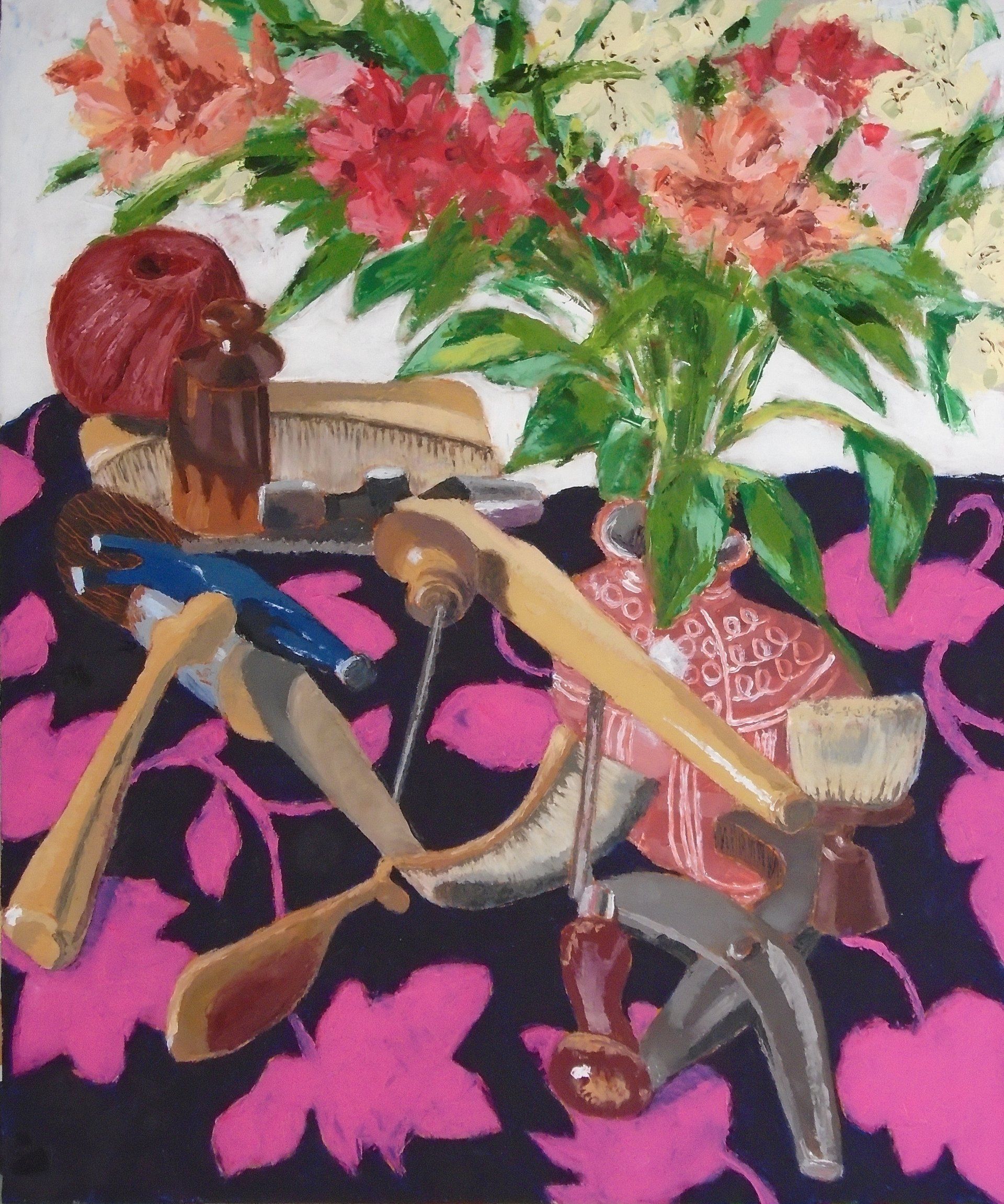 Hammer, screw driver, wrench, Alstromeria oil painting