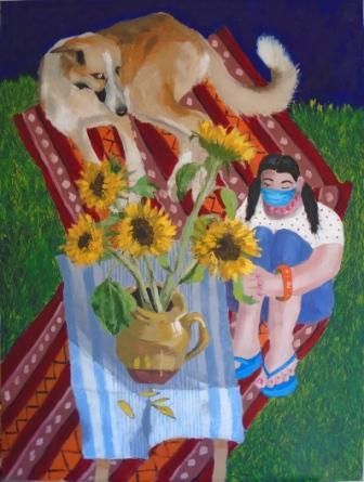 Sunflowers, dog, jug, girl in mask, oil painting, still life