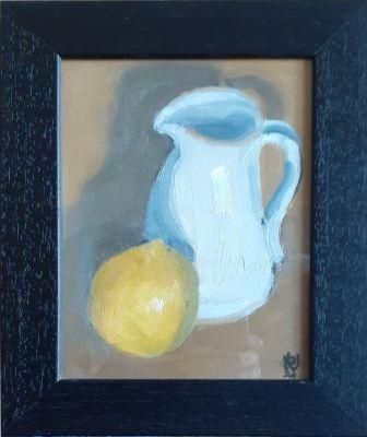Gold, plum, white ceramic jug, still life, oil painting