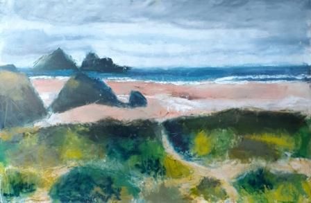 Sand dunes, paths, rocks, Cornwall, oil painting
