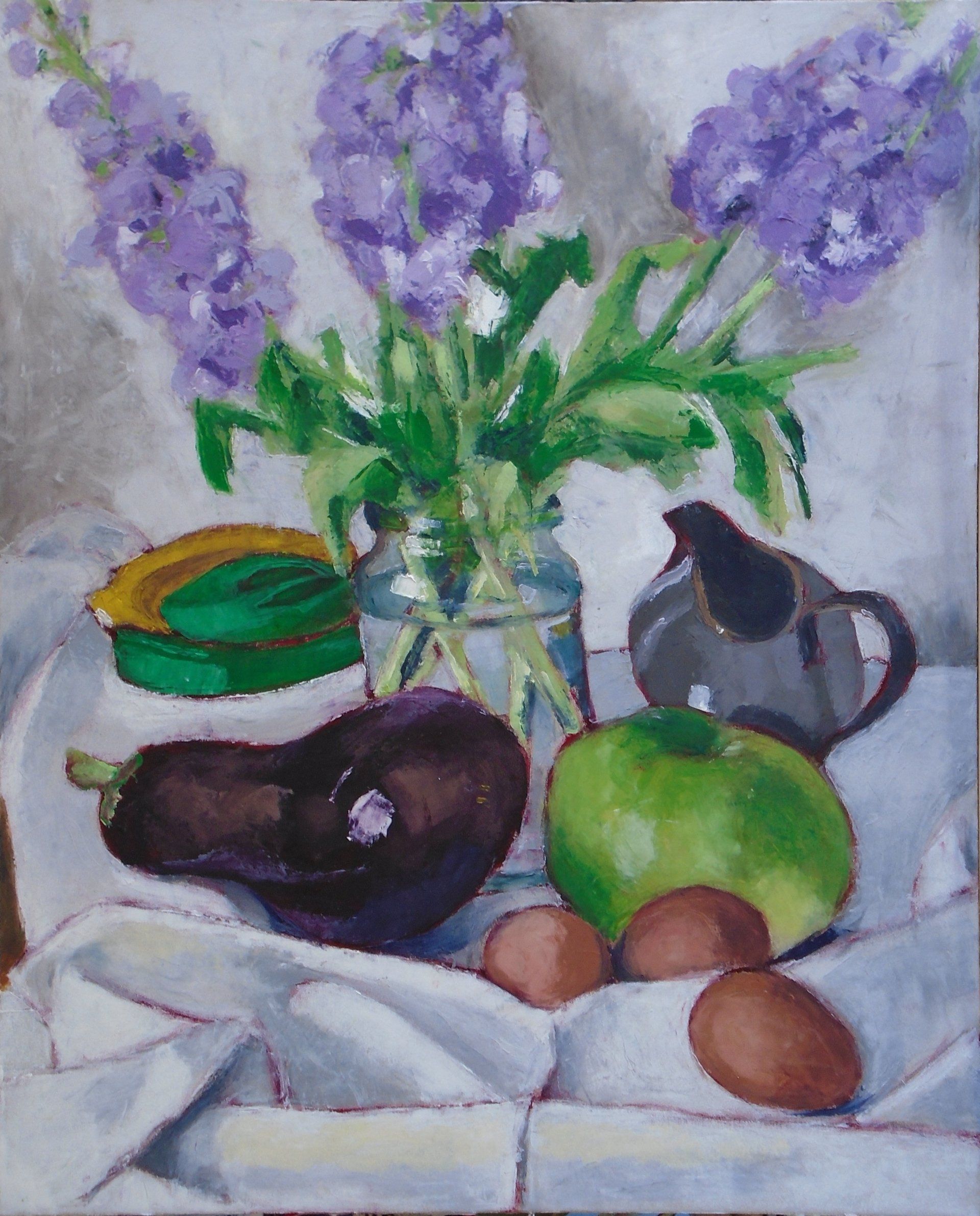 Stocks, brinjal, bramley, hens eggs, oil painting