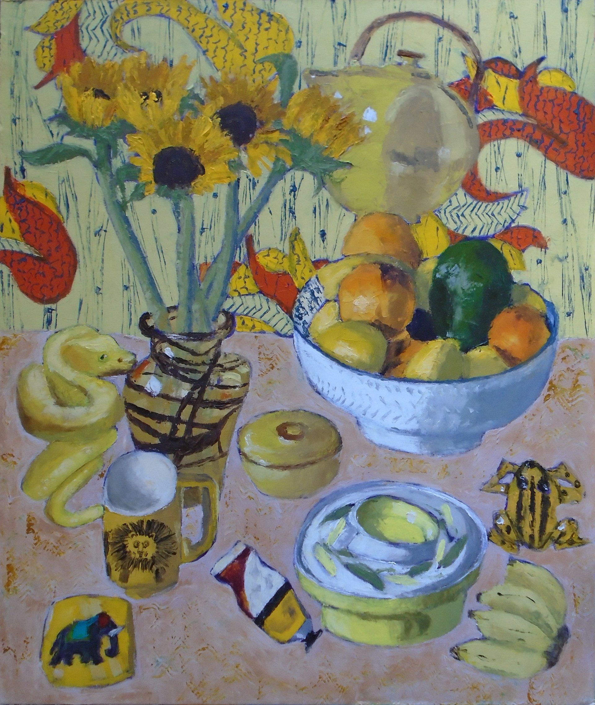 Bananas, bowls, wax cloth, yellows, oil painting