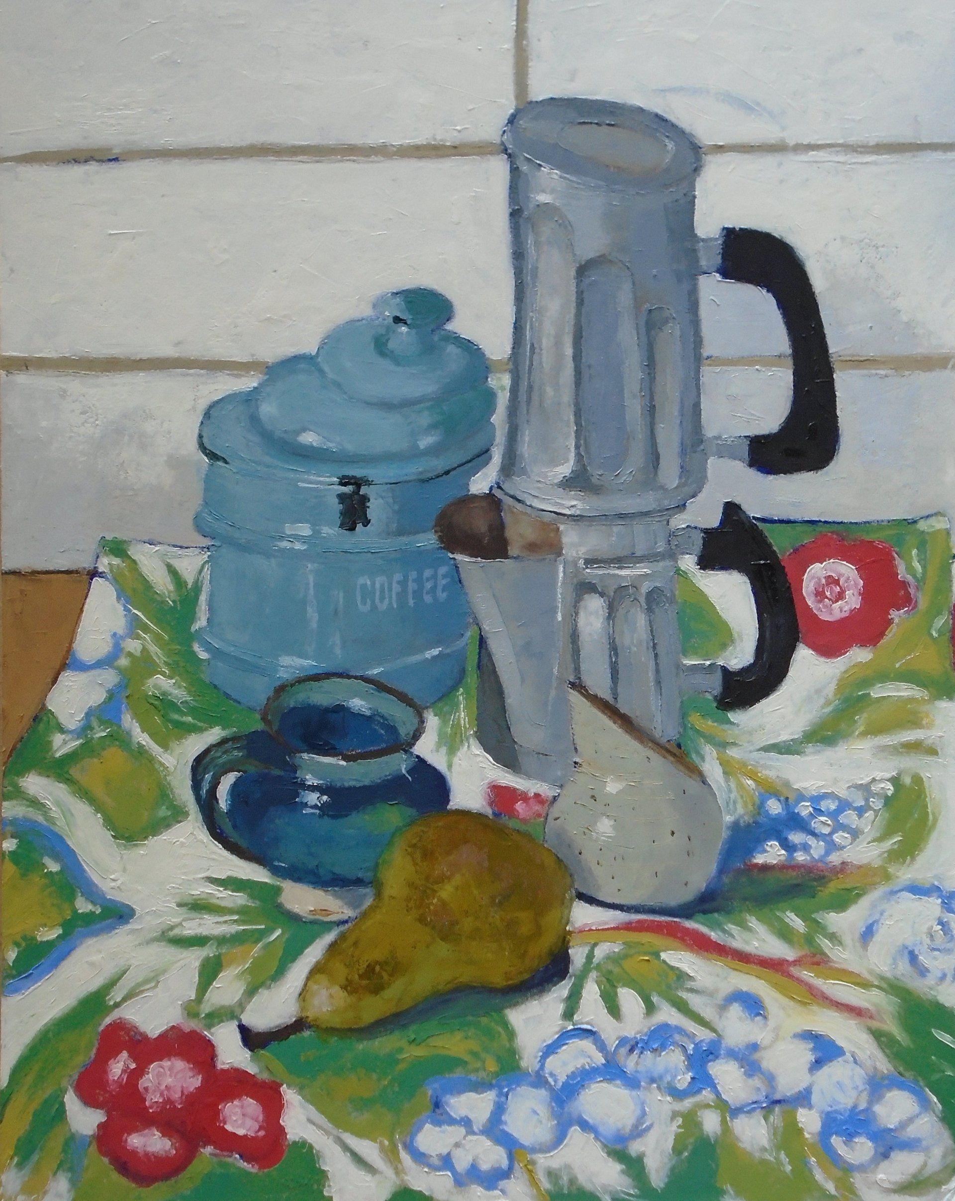 Neopolitan coffee maker, pear, jug, oil painting