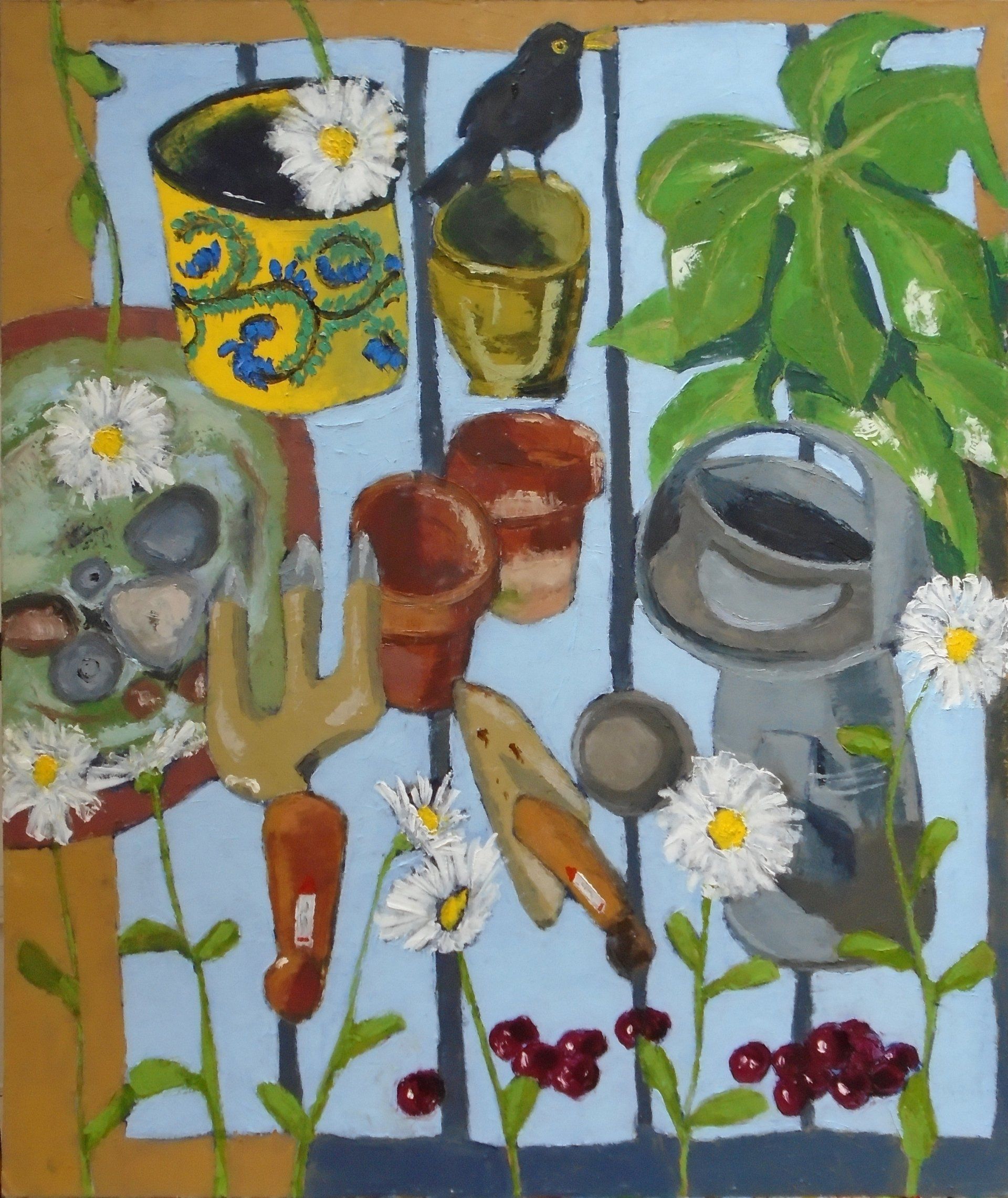Garden, blackbird, watering can, cherries, oil painting
