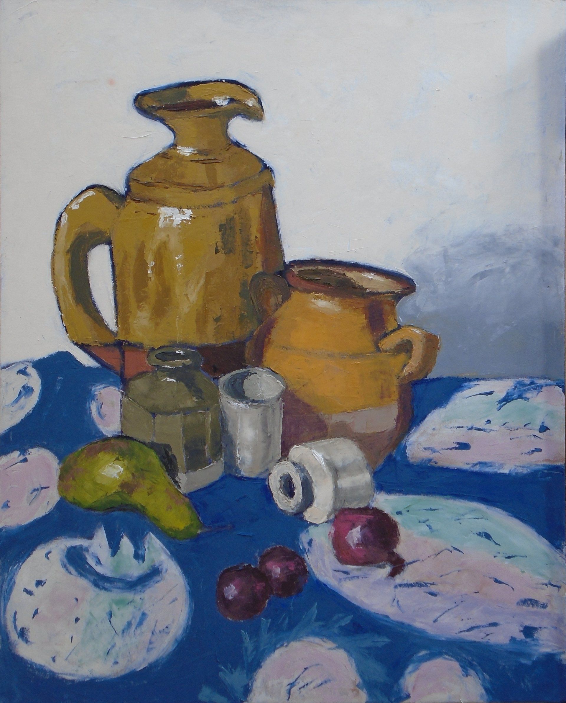 Jars, yellow ochre, batik, red onions, oil painting