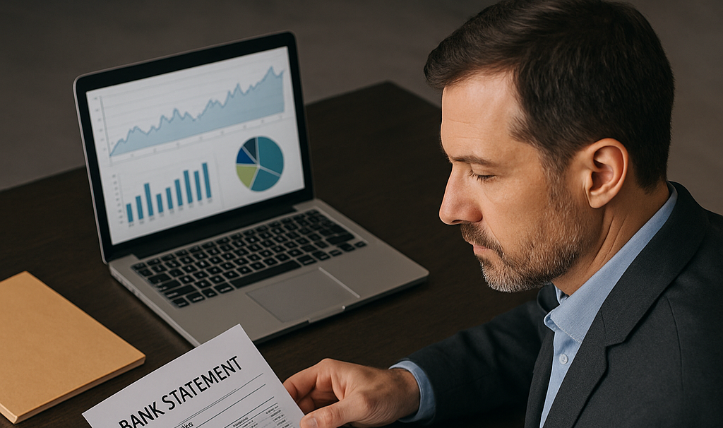 Private investigator reviewing bank statement in financial investigation