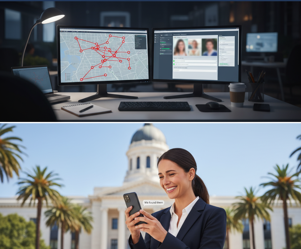 happy missing persons investigation client and digital investigation on computer screen