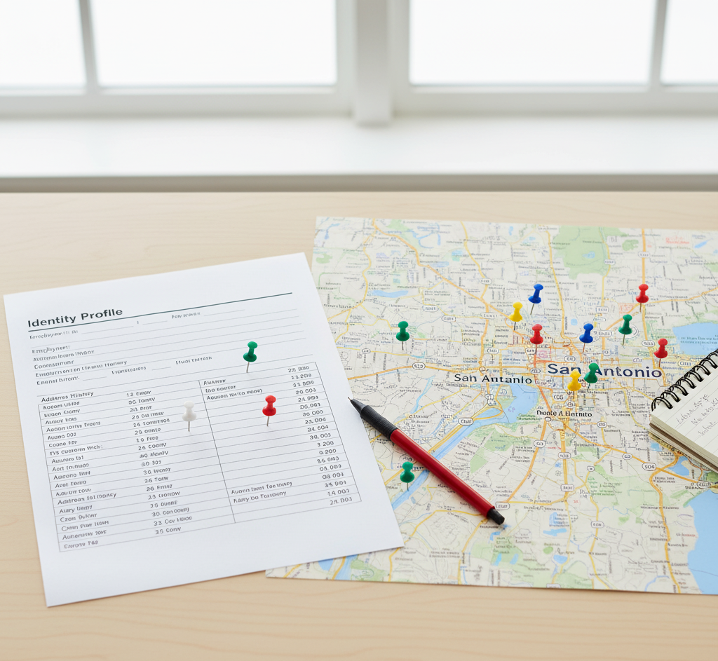 Deep background check showing complete address history on a San Antonio map