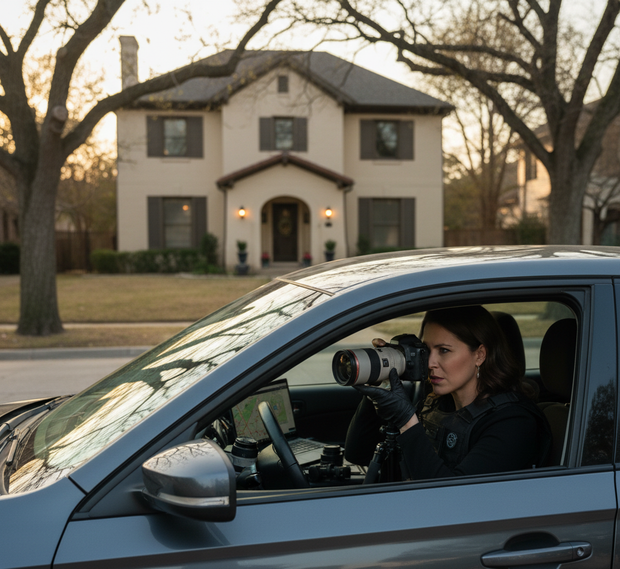 Corporate private investigator reviewing fraud evidence in San Antonio office