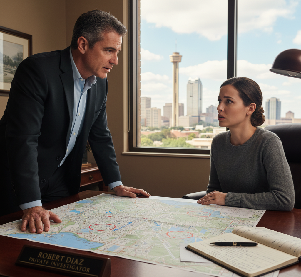 San Antonio private investigator consulting a client about a missing person case