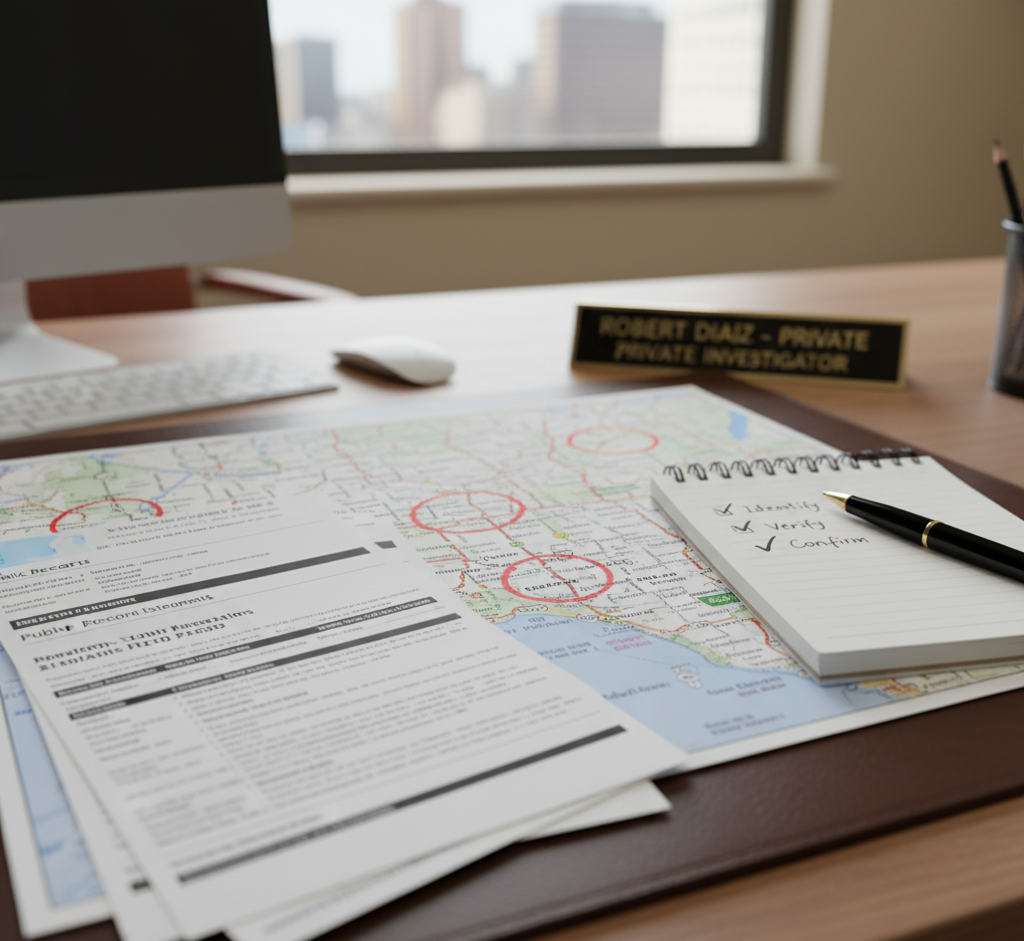 Missing persons investigation documents and San Antonio map showing verification steps