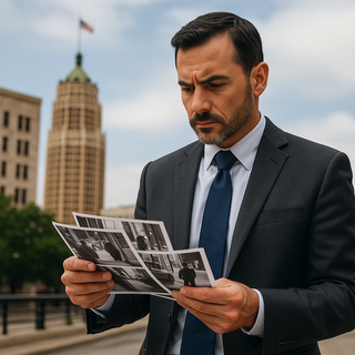 Licensed private investigator in San Antonio reviewing case evidence downtown