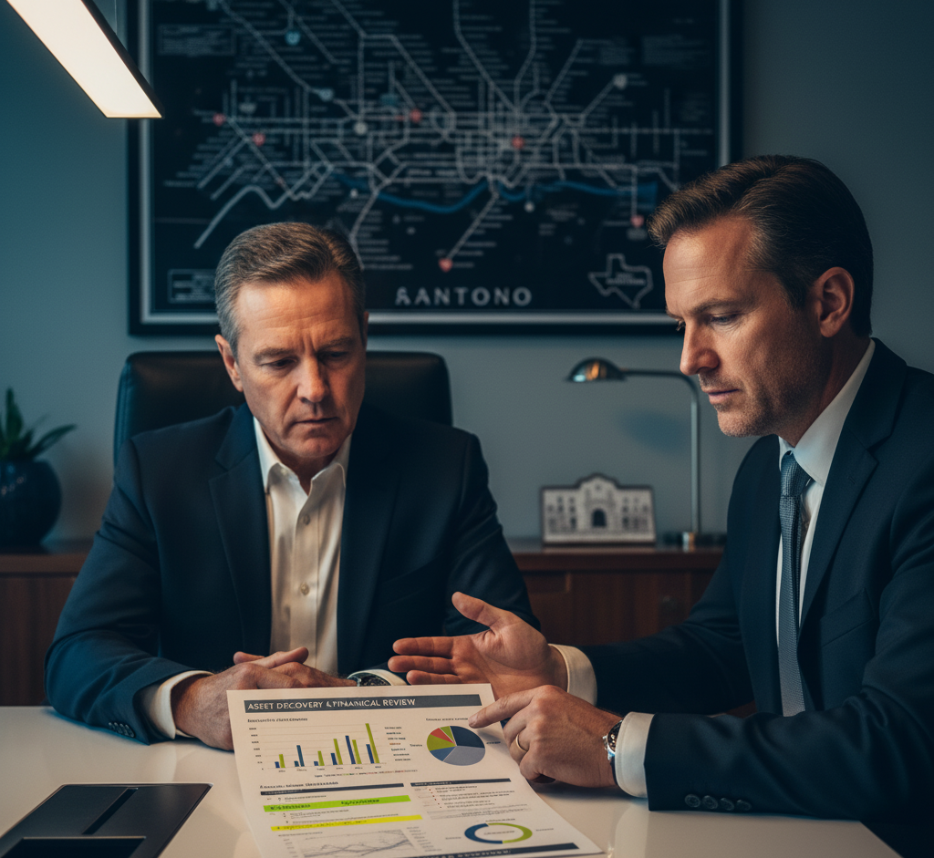 San Antonio private investigator reviewing asset search findings with concerned client