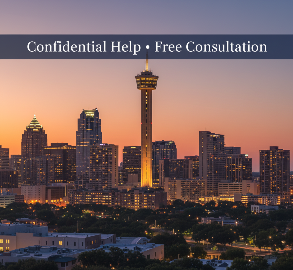 San Antonio skyline with prompt to contact for confidential child custody consultation