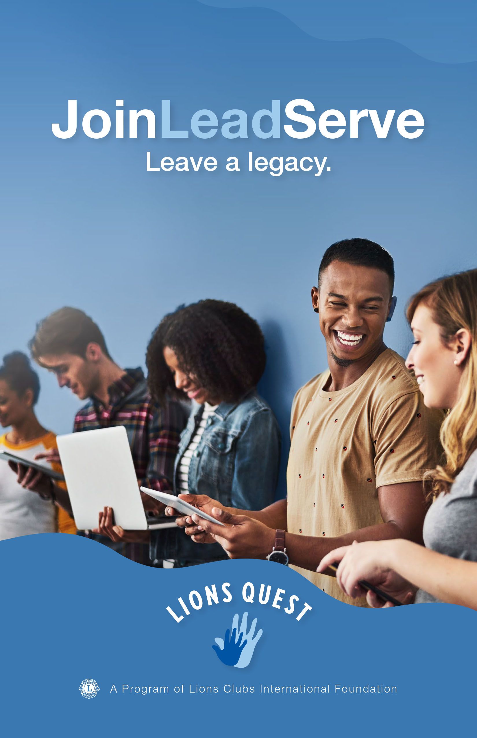 Group of diverse young adults using devices, smiling, on blue background. Lions Quest ad.