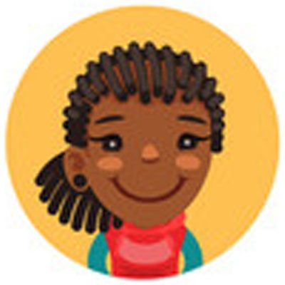 Smiling Black girl with locs and red turtleneck, inside an orange circle.