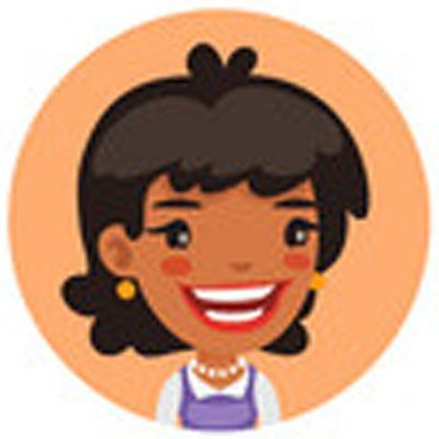 Smiling cartoon woman with dark hair, wearing a purple apron and gold earrings.
