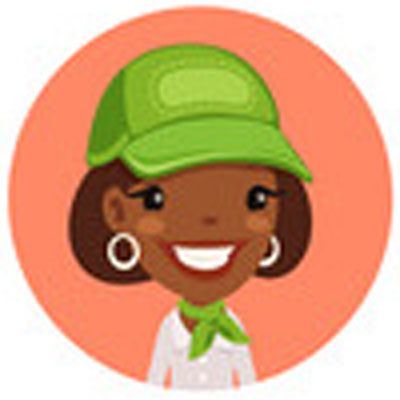 Cartoon of a smiling Black woman wearing a green cap and scarf, inside an orange circle.