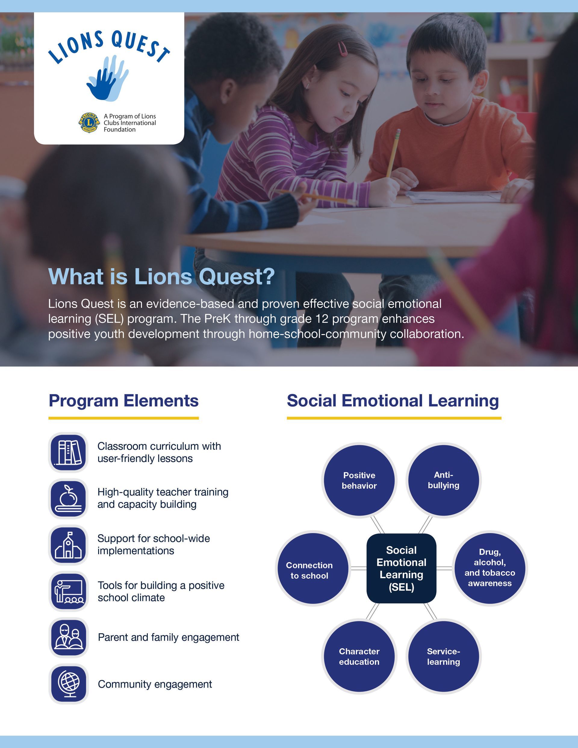 Children in classroom, Lions Quest program. Social-emotional learning diagram.