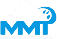 A blue logo for a company called mmt waterproofing inc.