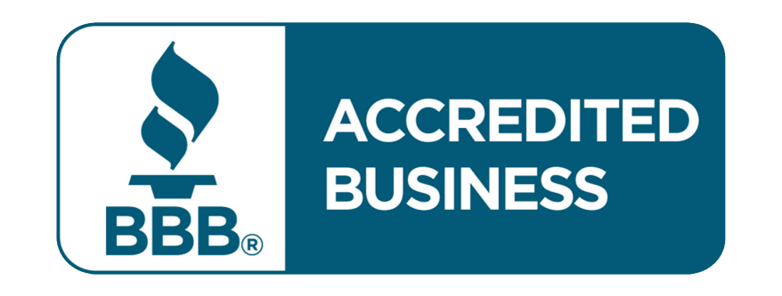 A blue and white badge that says accredited business on it.