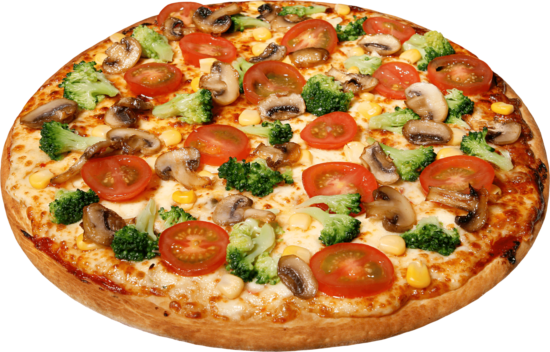 Pizza with mushrooms, broccoli, and tomatoes.