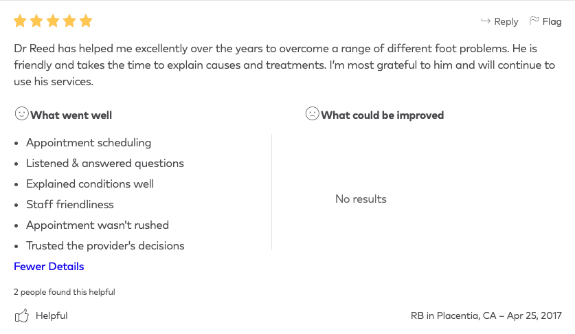 A review of dr. reed has helped me excellently over the years to overcome a range of different foot problems.