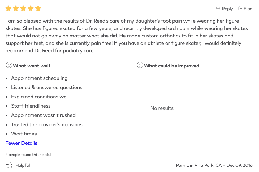 A review of a doctor 's care of a daughter 's foot pain while wearing her figure skates.