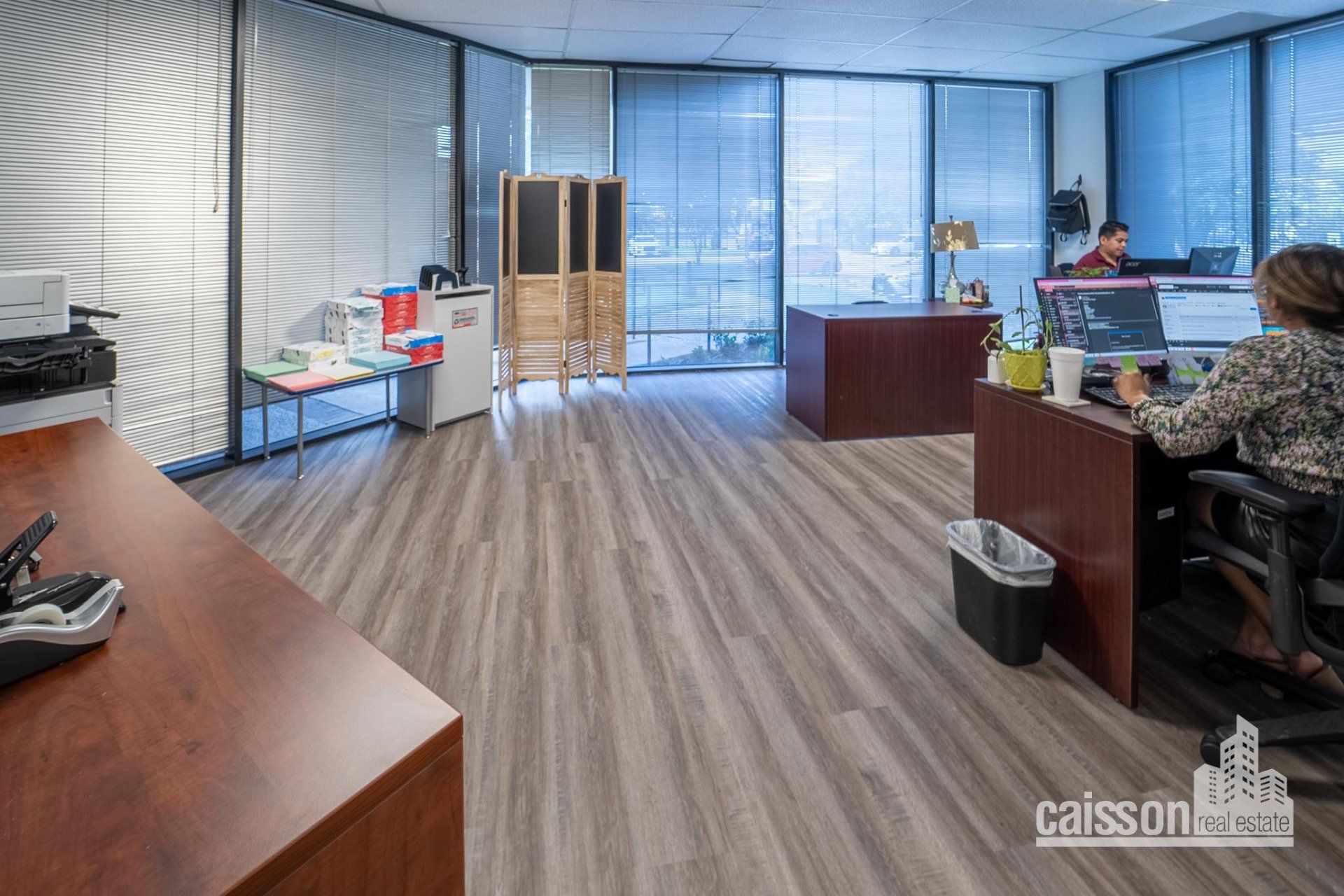 Interior view of suite with grey flooring and employees working at desks