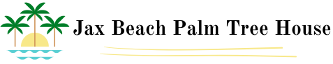 A logo for jax beach palm tree house with palm trees and a sunset.