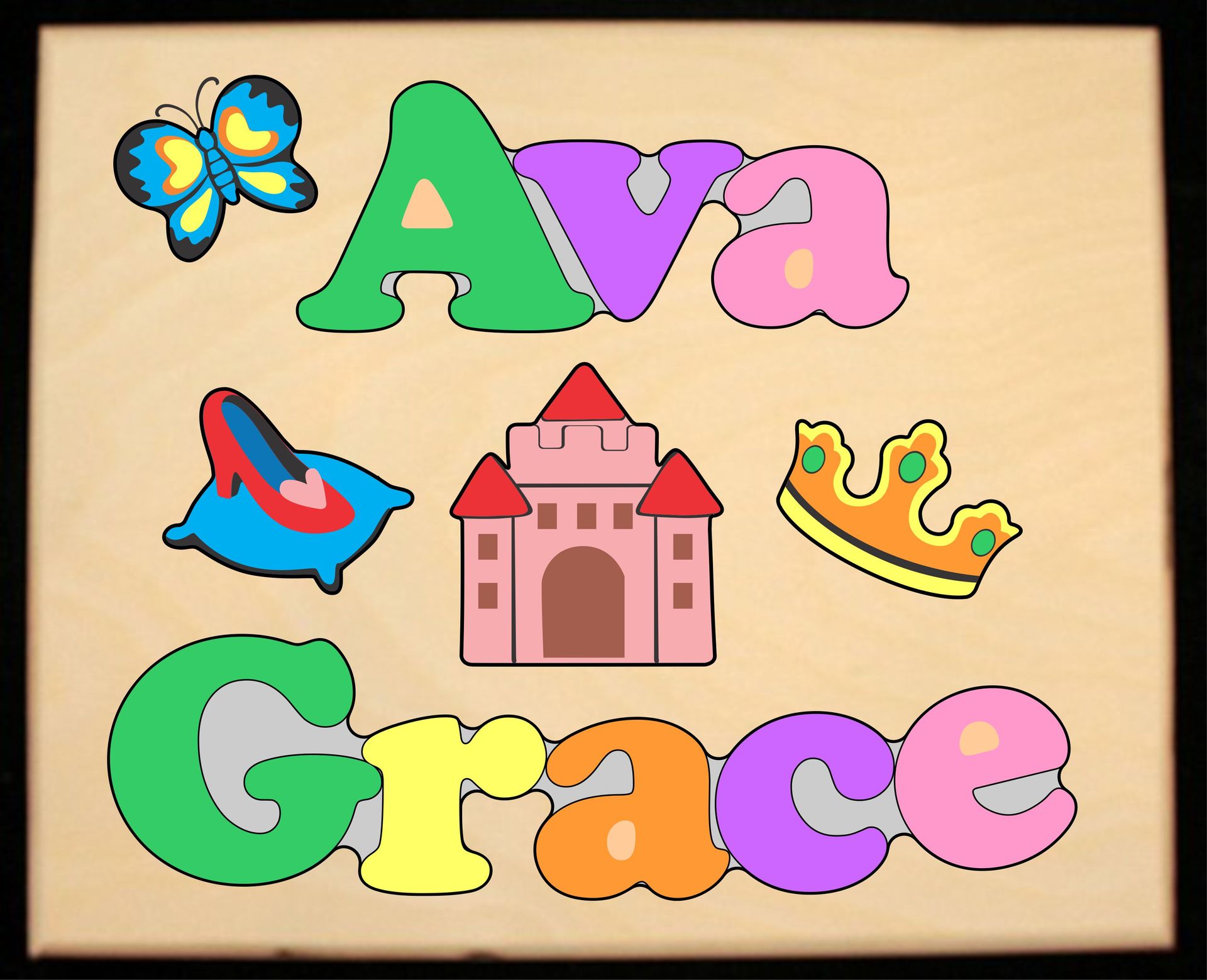 Custom 2 Name Princess Theme Puzzle in upper and lower case letters - Primary or Pastel, (FREE SHIPPING)