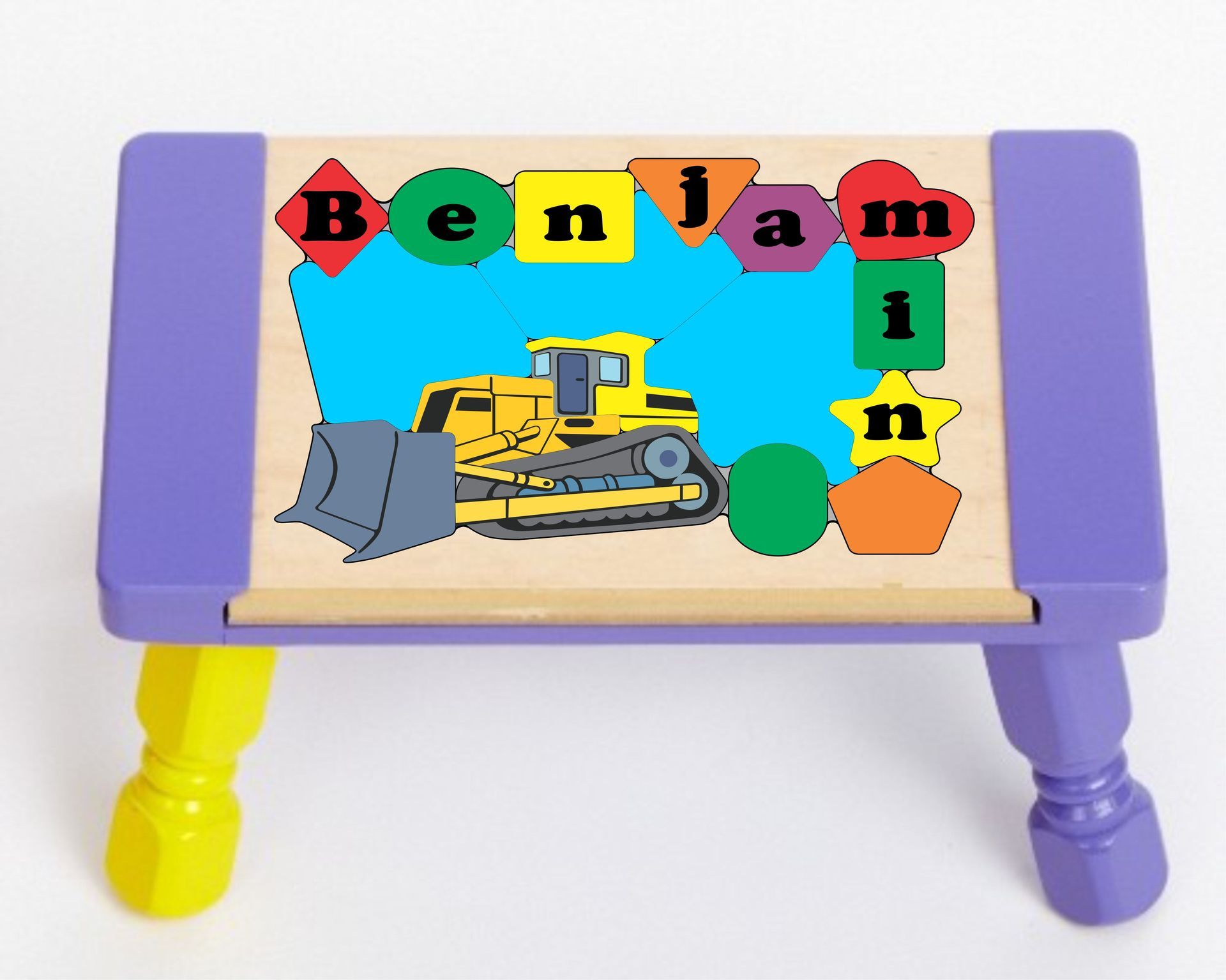 Personalized Name Construction Bulldozer Theme Puzzle Stool (FREE SHIPPING)