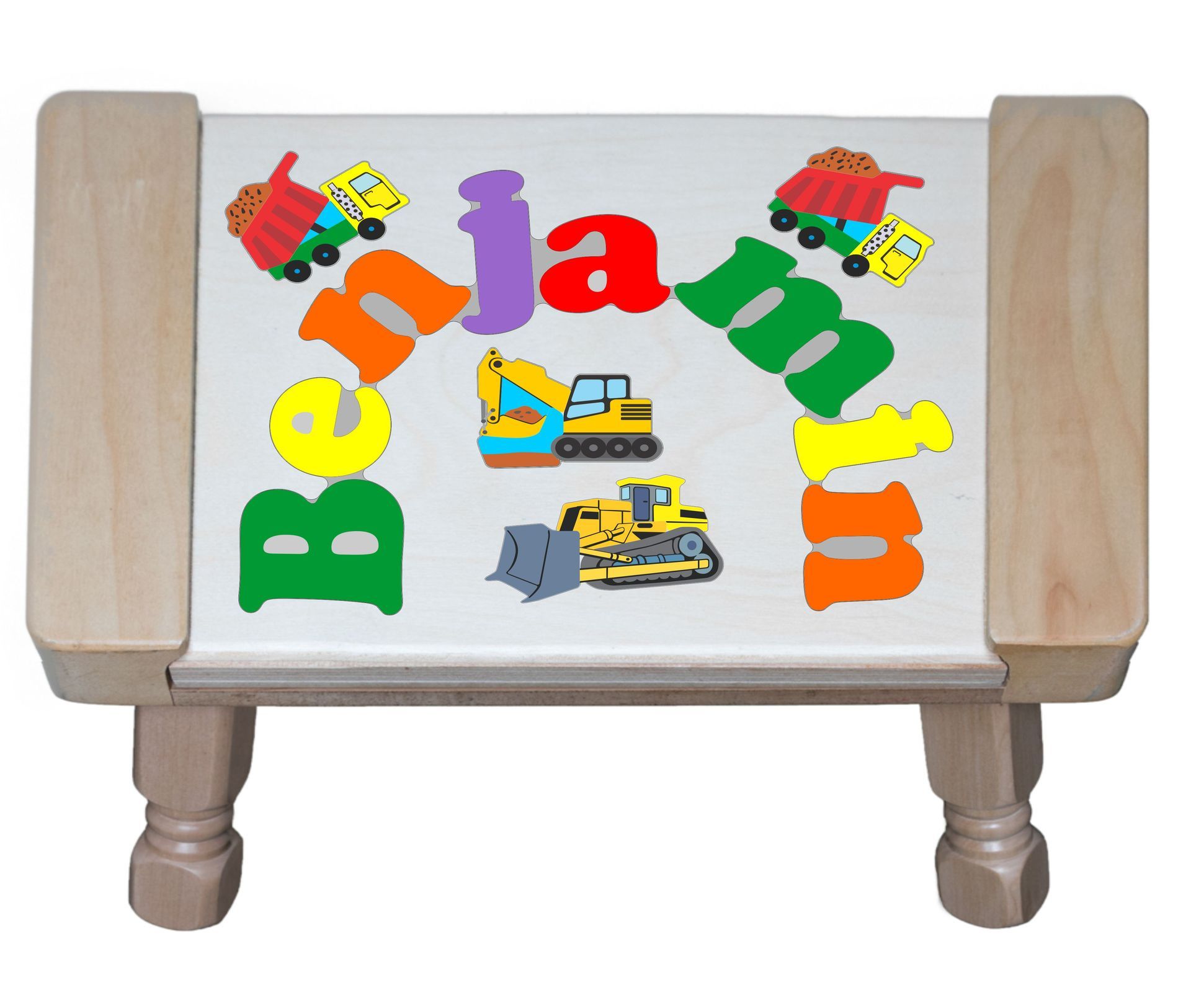 Custom Name Construction Theme Puzzle Stool in upper and lower case letters - Primary or Pastel  (FREE SHIPPING)