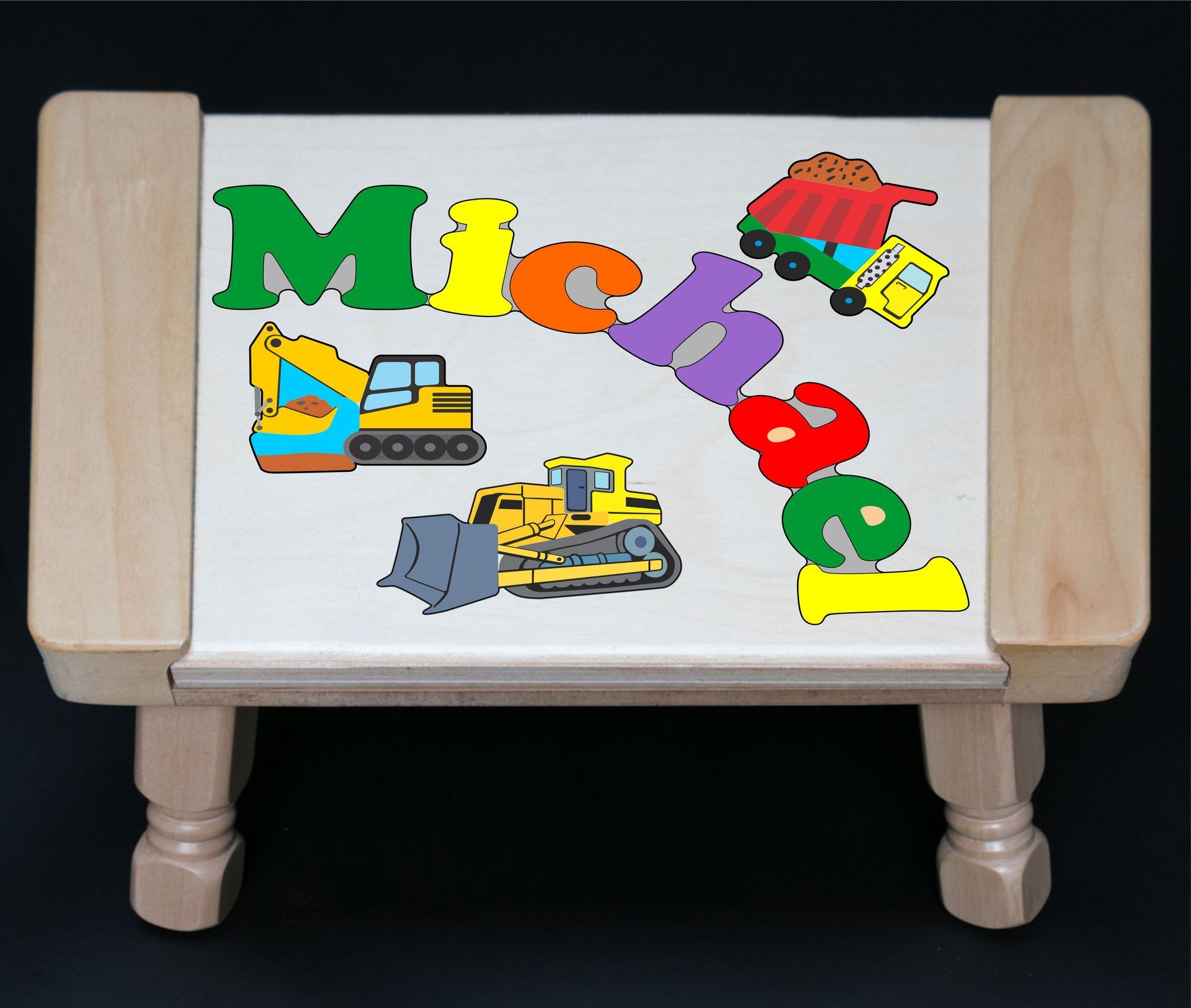 Custom Name Construction Theme Puzzle Stool in upper and lower case letters - Primary or Pastel  (FREE SHIPPING)
