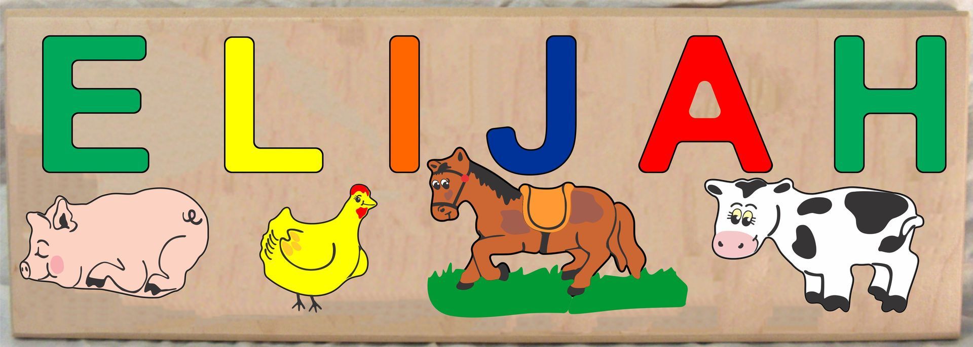 CUSTOM LONG BOARD NAME FARM ANIMALS THEME PUZZLE - PRIMARY OR PASTEL, (FREE SHIPPING)