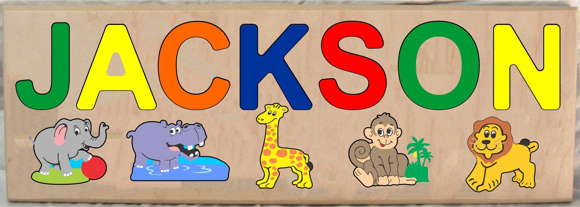 CUSTOM LONG BOARD NAME JUNGLE (ZOO) ANIMALS THEME PUZZLE - PRIMARY OR PASTEL, (FREE SHIPPING)