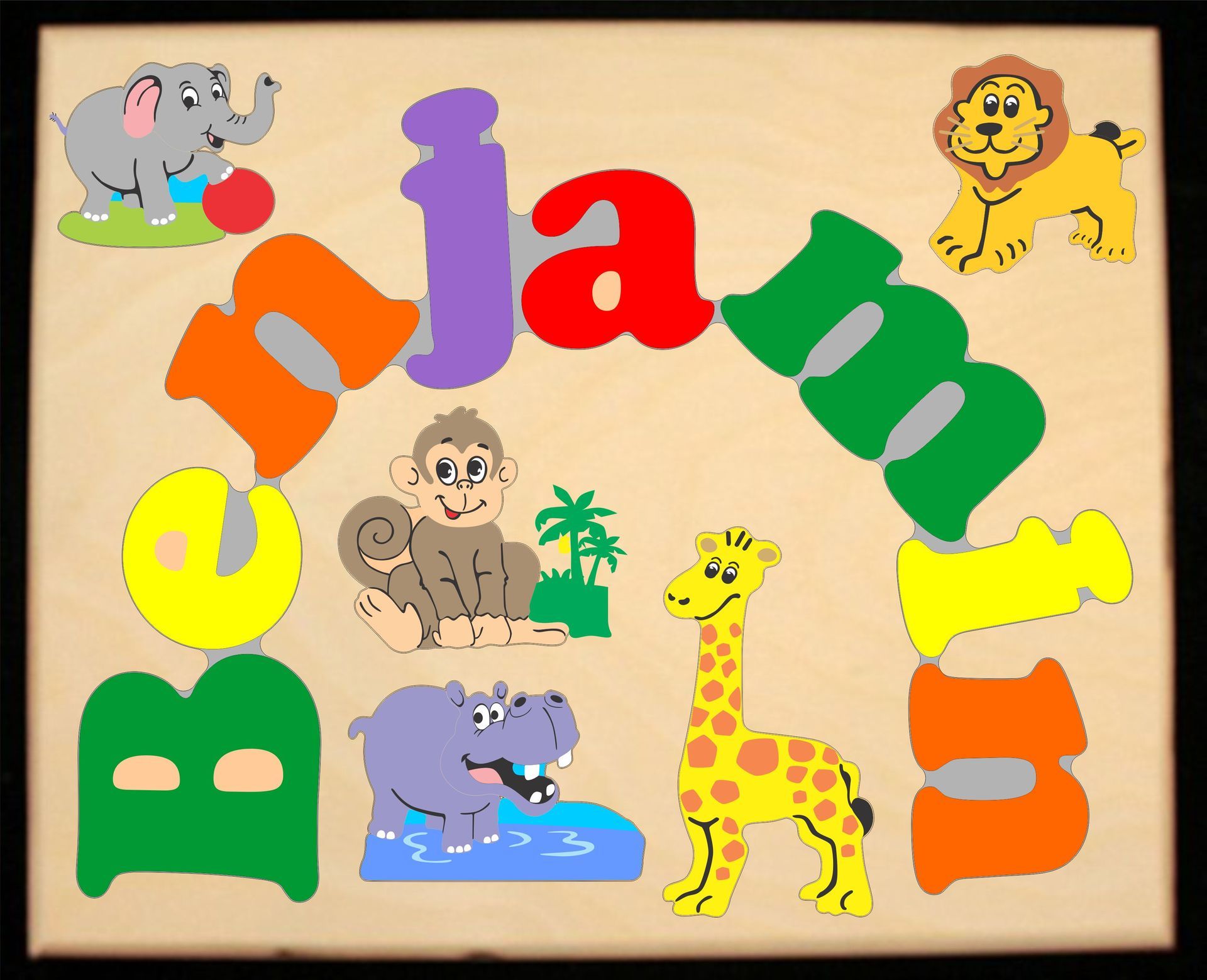 Custom Name(s) Jungle Zoo Animals Theme Puzzle in upper and lower case letters - Primary or Pastel, (FREE SHIPPING)