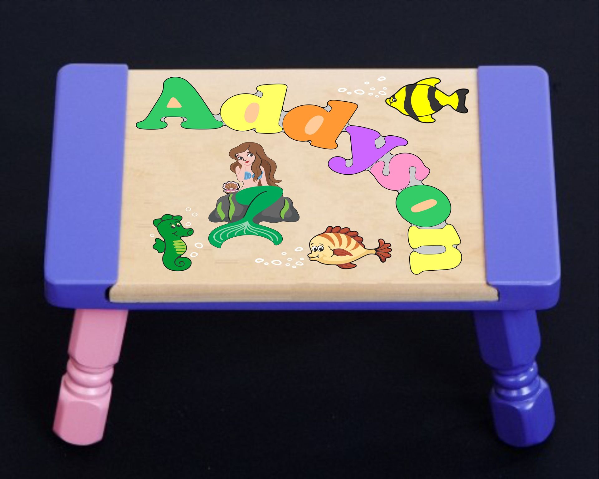 Custom Name(s) Mermaid Theme Puzzle Stool in upper and lower case letters - Primary or Pastel (FREE SHIPPING)
