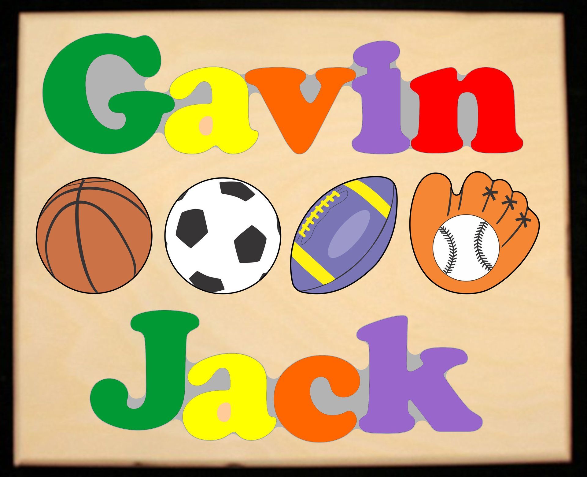 Custom 2 Name Sports Theme Puzzle in upper and lower case letters - Primary or Pastel, (FREE SHIPPING)