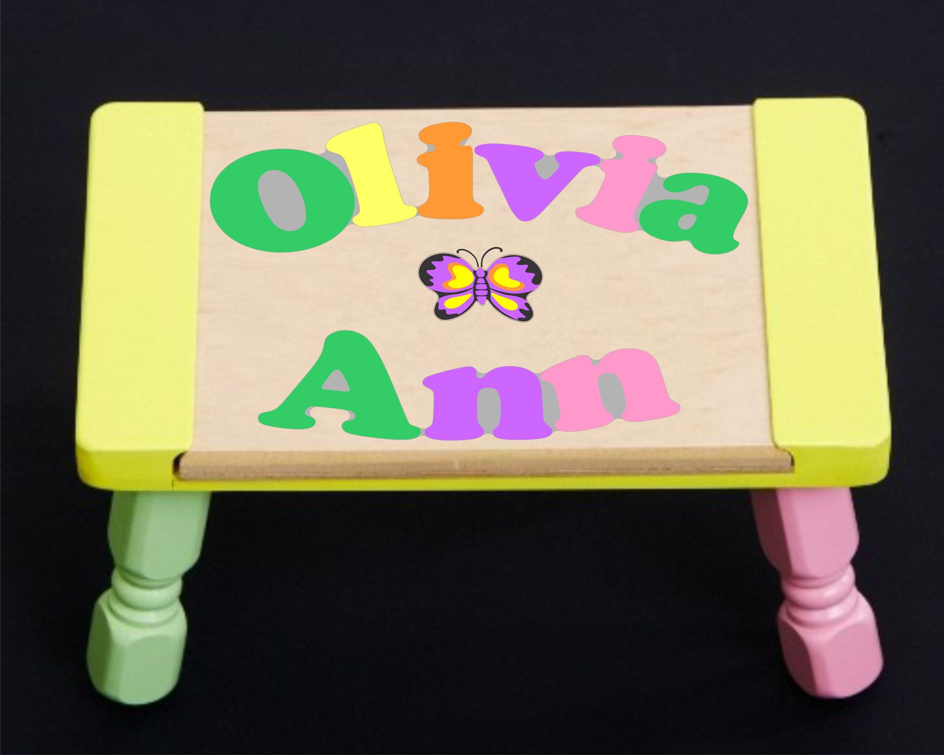 Custom 2 Name Puzzle Stool with a Heart or Butterfly in the Center -  Primary or Pastel (FREE SHIPPING)