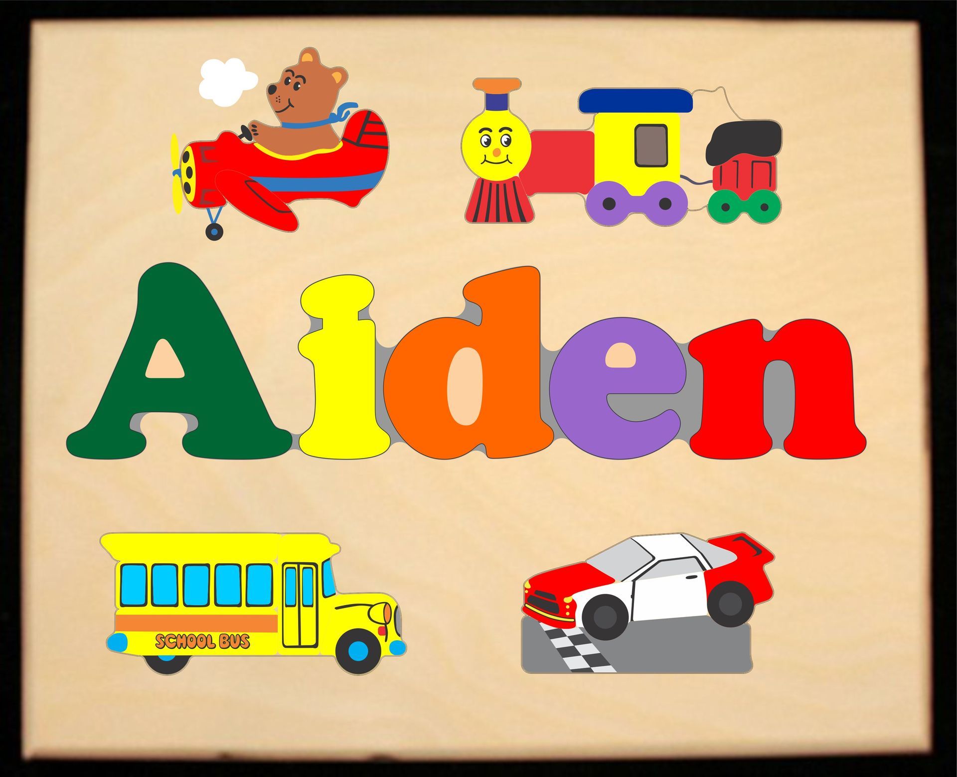 Custom Name(s) Plane Train Automobile Theme Puzzle in upper and lower case letters - Primary or Pastel, (FREE SHIPPING)