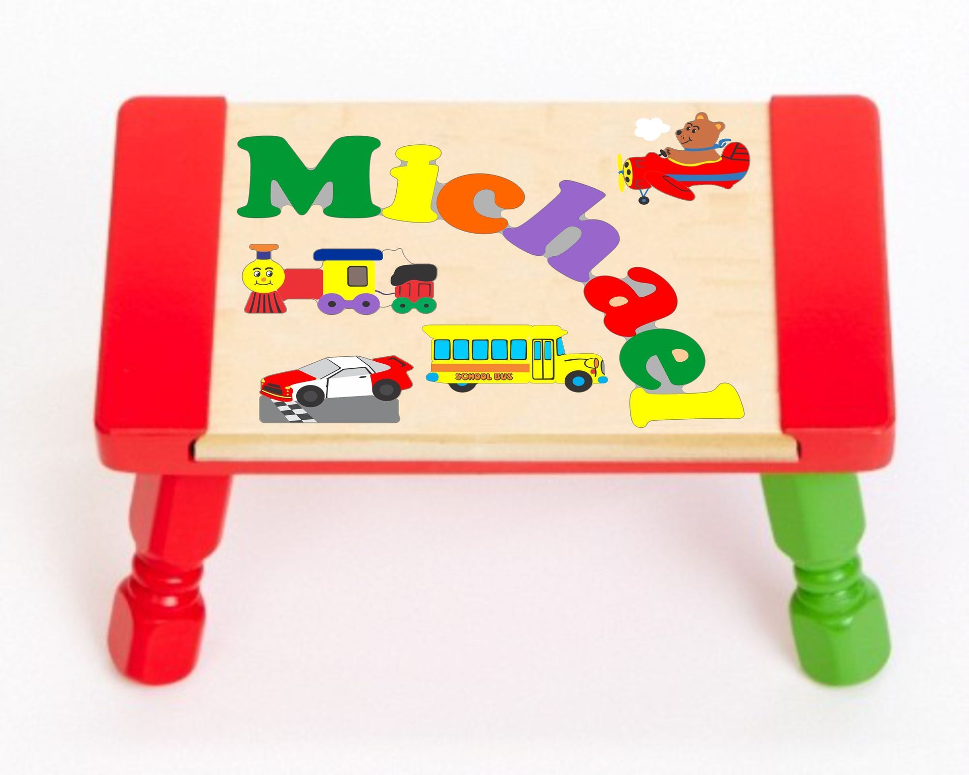 Custom Name(s) Plane Train Automobile Car Theme Puzzle Stool in upper and lower case letters - Primary or Pastel (FREE SHIPPING)