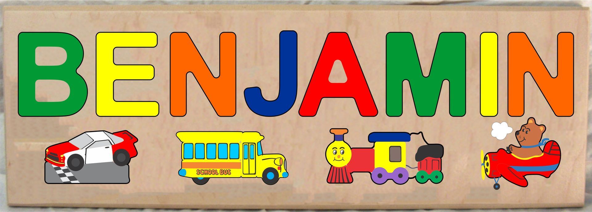 CUSTOM LONG BOARD NAME (PLANE, TRAINS & AUTOMOBILE) THEME PUZZLE - PRIMARY OR PASTEL, (FREE SHIPPING)