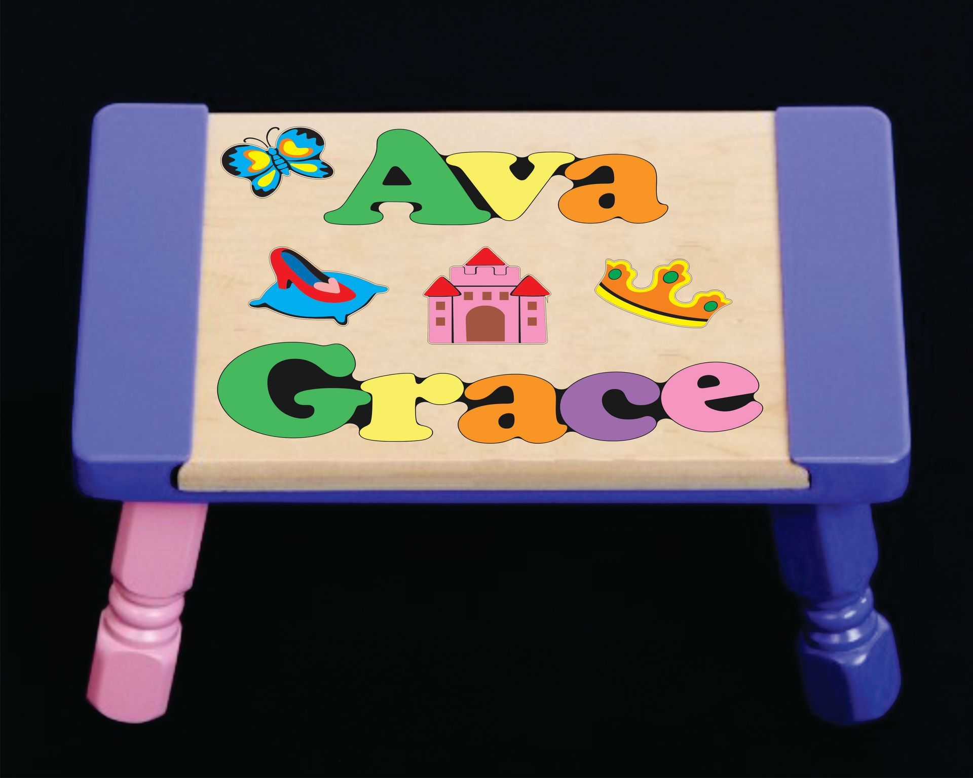Custom 2 Name Princess Theme Puzzle Stool in upper and lower case letters - Primary or Pastel - (FREE SHIPPING)